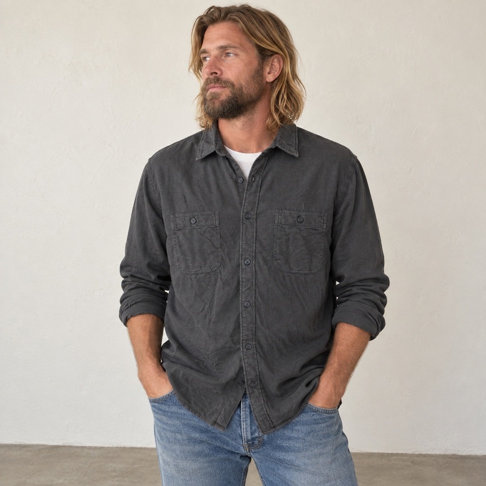 Faherty Mens Shirt XL Charcoal Grey Long Sleeve Double Pocket Organic Cotton